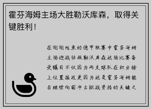 霍芬海姆主场大胜勒沃库森，取得关键胜利！